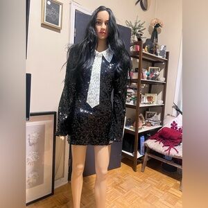 Beautiful, black and white tuxedo sequins mini dress.